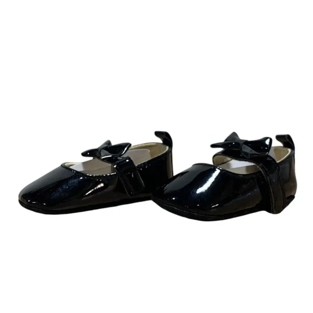 Newborn Baby Girls Size 1 Shiny Black Patent Leather Mary Jane Bow Infant Shoes